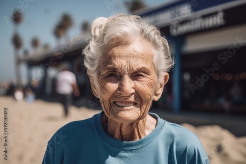Portrait of an elderly woman on the beach in the summer.