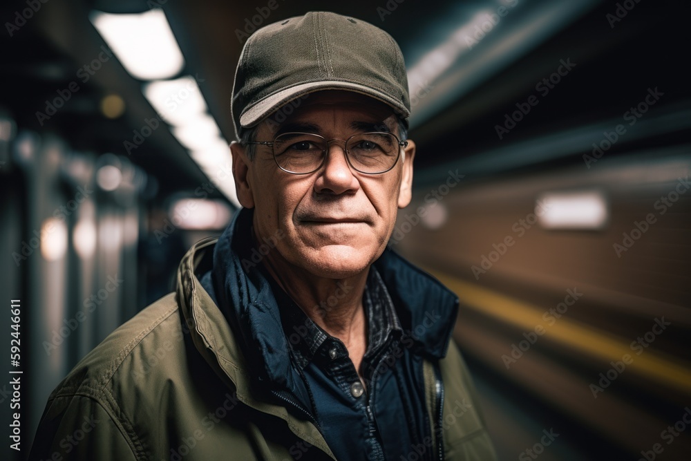 Portrait of a mature man in a cap and glasses standing in a subway station. Portrait of a mature man in a cap and glasses standing in a subway station.