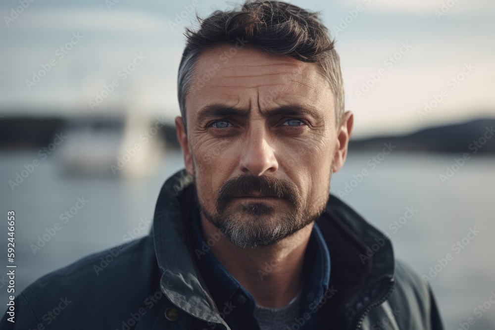 Portrait of handsome mature man looking at camera while standing against pier Portrait of handsome mature man looking at camera while standing against pier