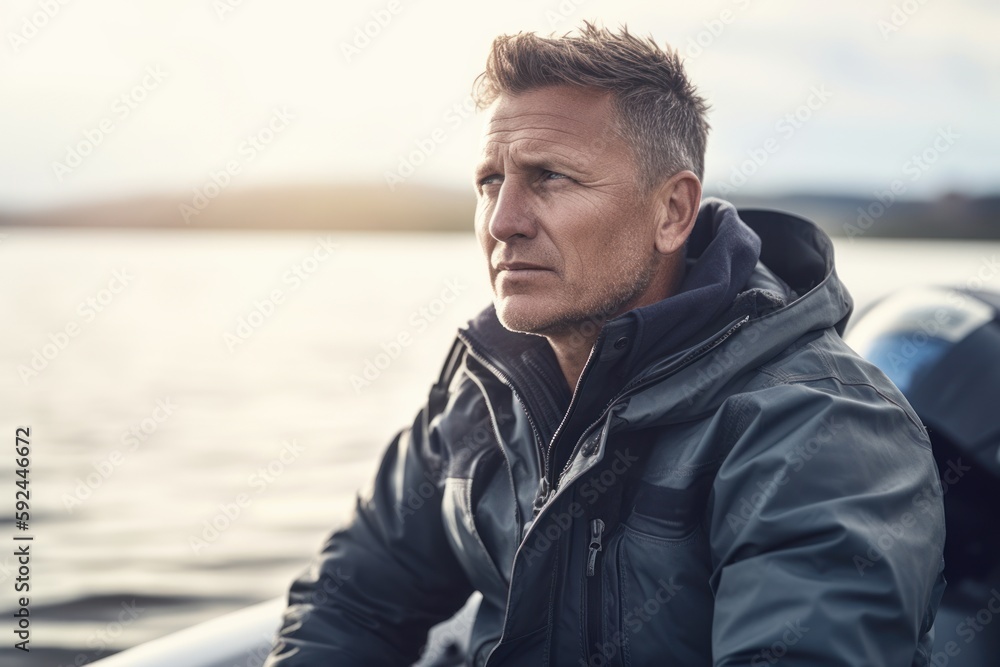 Portrait of a handsome man in a blue jacket sitting in a boat Portrait of a handsome man in a blue jacket sitting in a boat