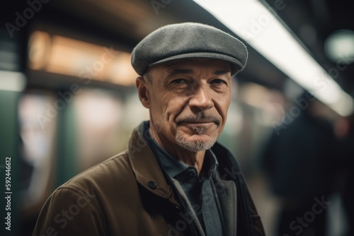 Portrait of a senior man wearing a cap and coat standing in a subway station.