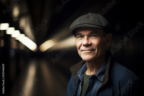 Portrait of an elderly man in a dark underground tunnel with lights on.