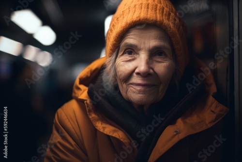 Portrait of an elderly woman in a yellow jacket and a hat.