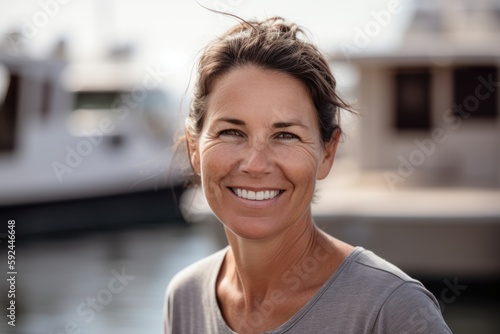 Portrait Of Smiling Mature Woman In Front Of Yacht