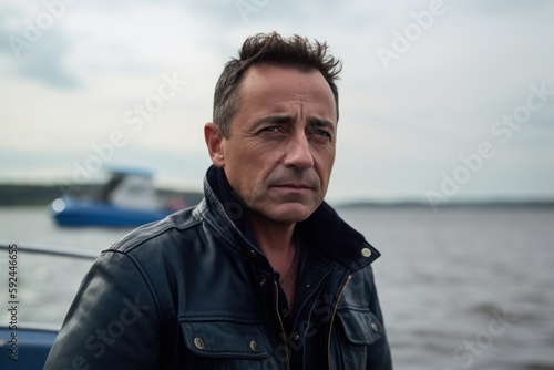 Portrait of a handsome middle-aged man in a black jacket on a boat
