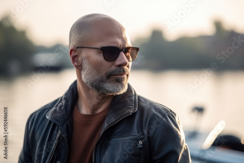 Handsome middle-aged man in sunglasses and a leather jacket on the pier. © Robert MEYNER