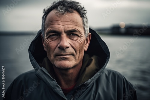 Portrait of a senior man in a raincoat on a pier