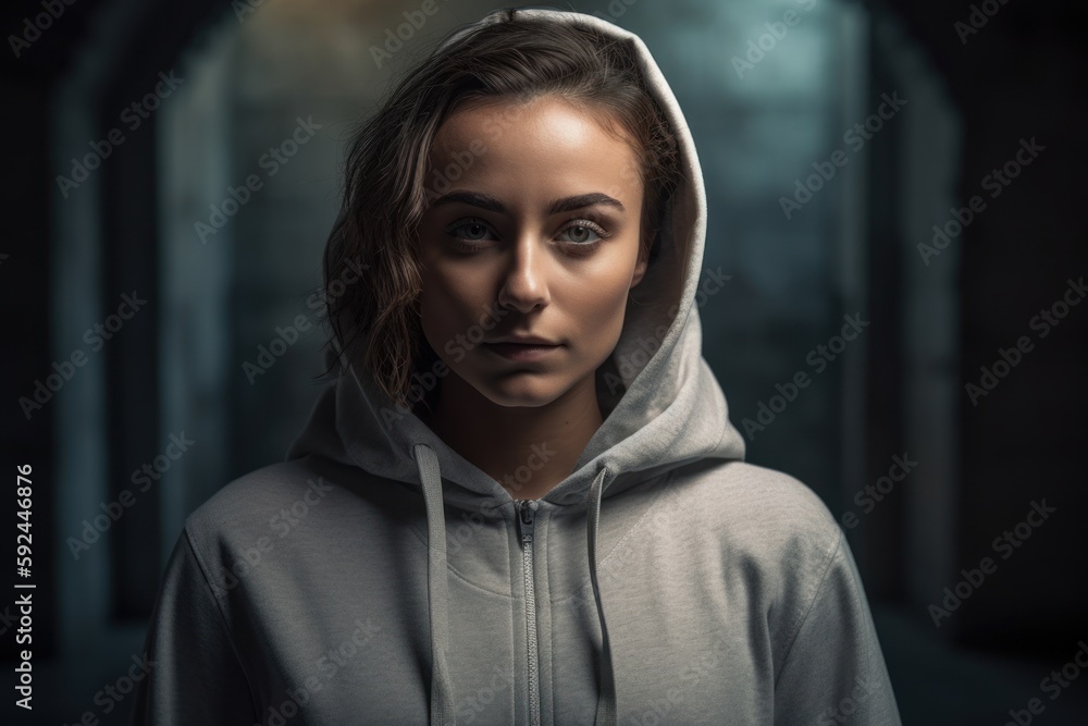 Portrait of a young woman in a hoodie looking at the camera