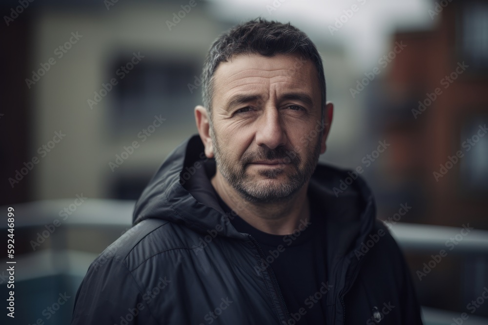 Portrait of a handsome mature man in a black jacket on the street Portrait of a handsome mature man in a black jacket on the street