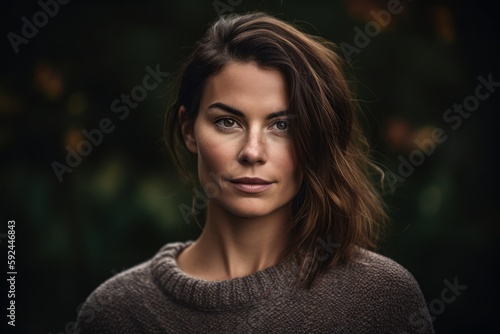Portrait of a beautiful young woman in a sweater on a dark background