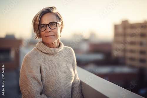 Portrait of beautiful senior woman with eyeglasses standing on balcony