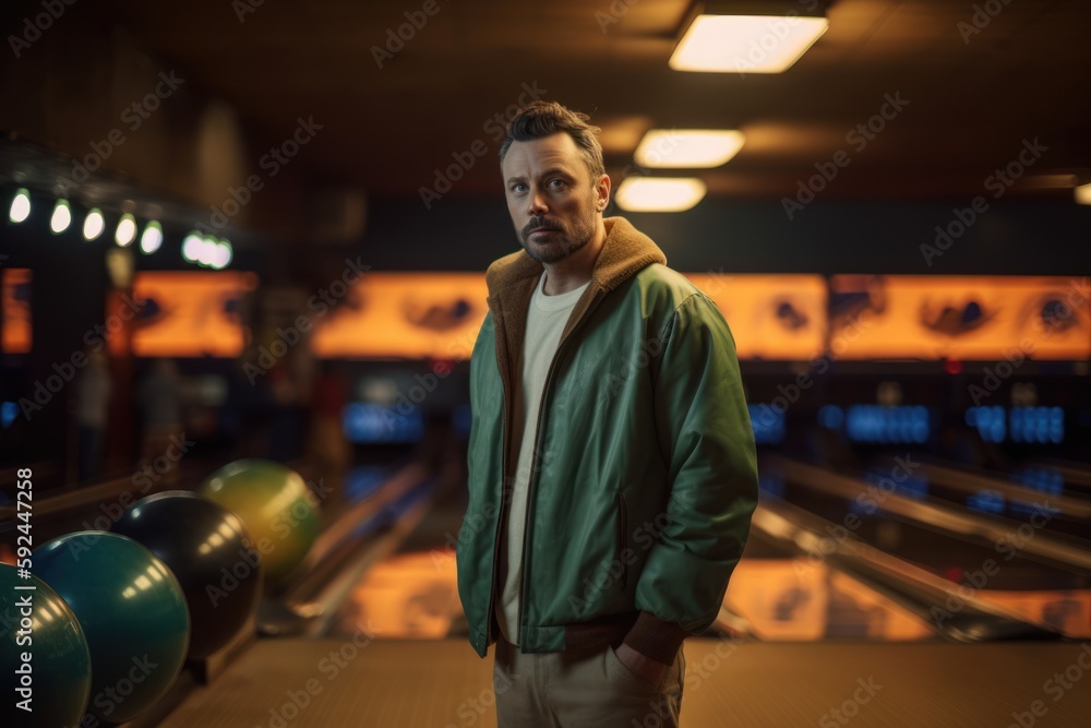 Portrait of a confident young man standing in bowling alley and looking at camera. Portrait of a confident young man standing in bowling alley and looking at camera.