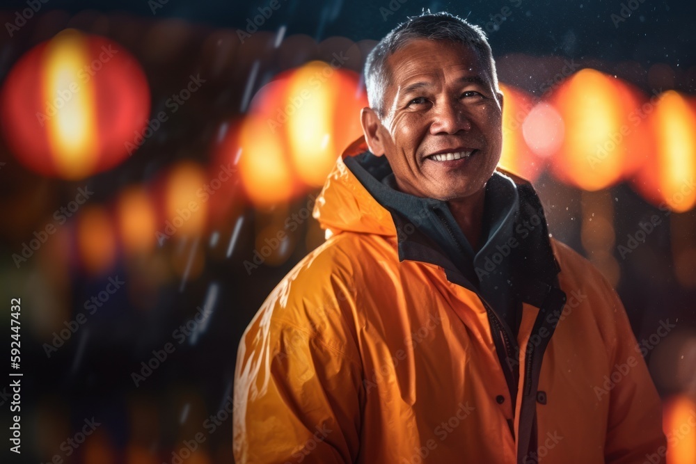 Portrait of a smiling senior man standing in the street under the rain