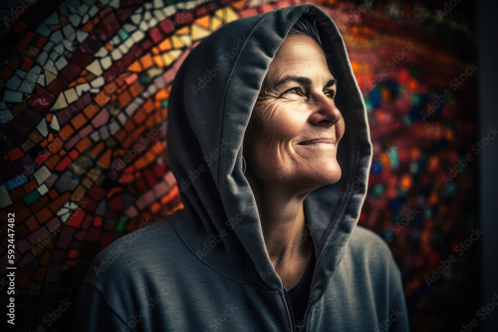Portrait of a smiling senior woman wearing hooded sweatshirt. Portrait of a smiling senior woman wearing hooded sweatshirt.