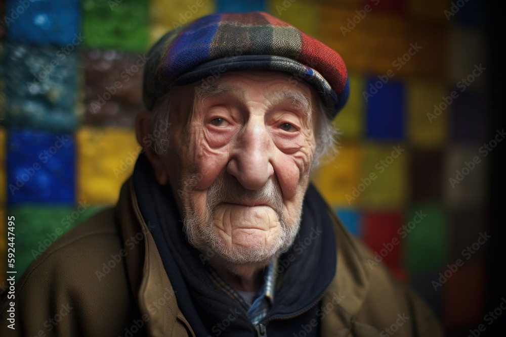 Portrait of an old man in a cap and coat on a colorful background Portrait of an old man in a cap and coat on a colorful background