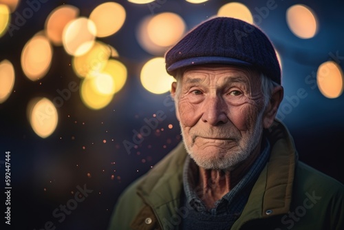 Portrait of an old man on a background of Christmas lights.