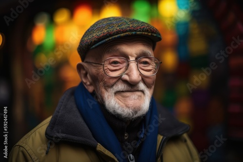 Portrait of an old man with glasses in front of a colorful background