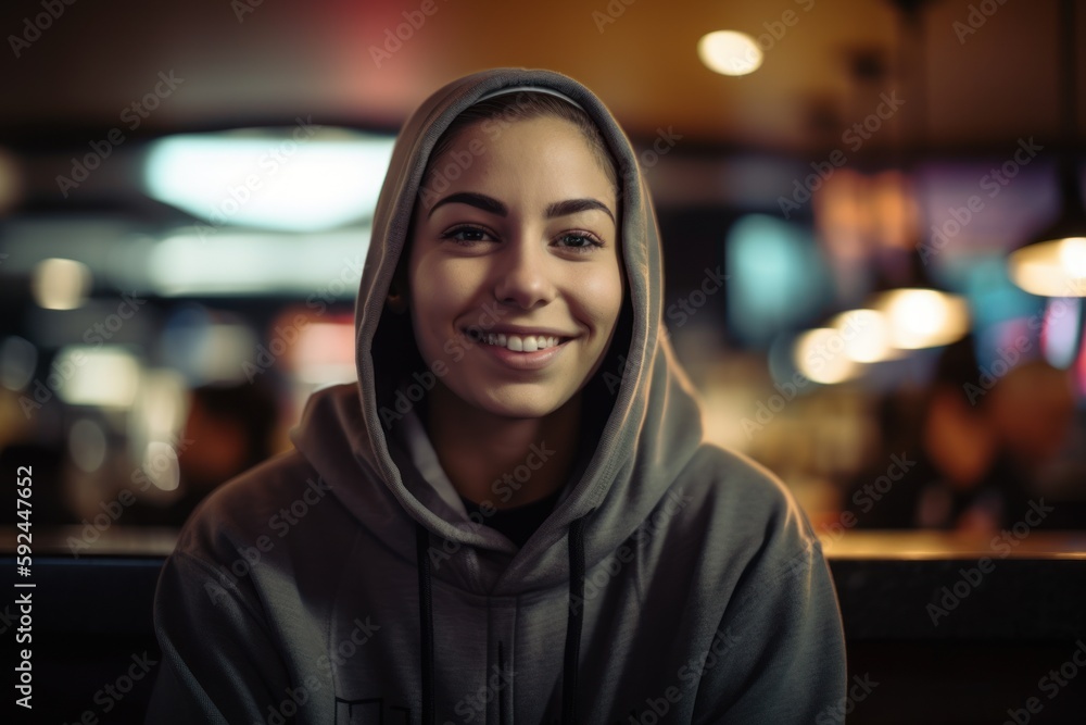 Portrait of smiling woman in hoodie looking at camera in cafe Portrait of smiling woman in hoodie looking at camera in cafe