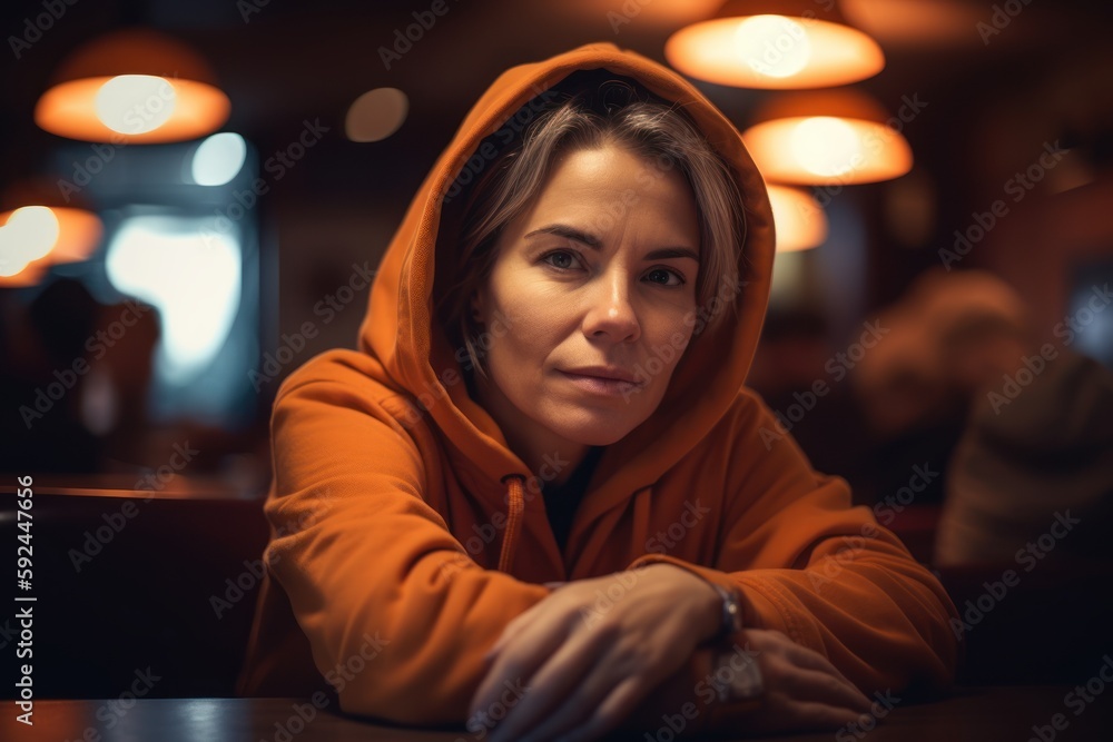Portrait of a beautiful young woman in an orange hoodie sitting in a cafe. Portrait of a beautiful young woman in an orange hoodie sitting in a cafe.