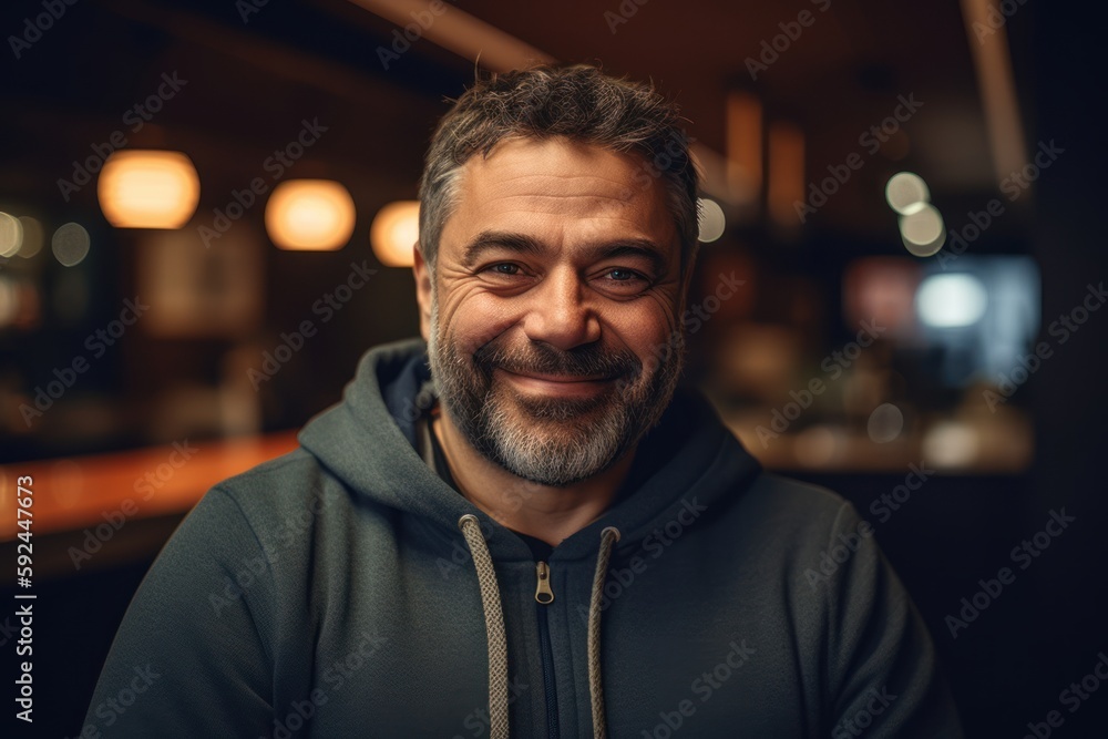 Medium shot portrait photography of a pleased man in his 40s wearing a stylish hoodie against a diner or retro restaurant background. Generative AI