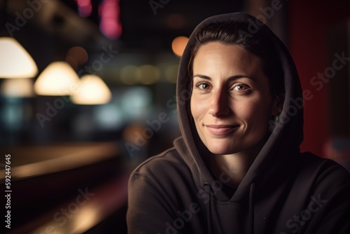 Portrait of a young woman in a black hoodie in a cafe.