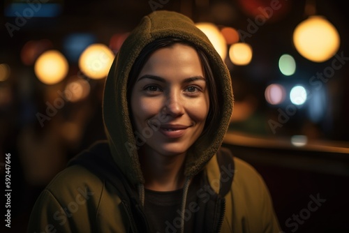 Portrait of a smiling young woman wearing hoodie in a restaurant