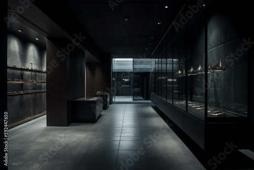 Minimalist fancy retail shopDark black color palette. Centered perspective. Interior Design