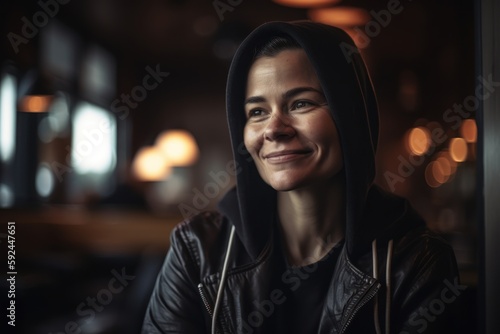 Portrait of a beautiful woman in a cafe, smiling and looking at the camera.
