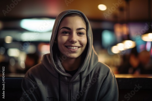 Portrait of smiling woman in hoodie looking at camera in cafe