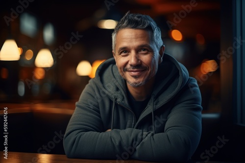 Portrait of a smiling middle-aged man sitting in a cafe.