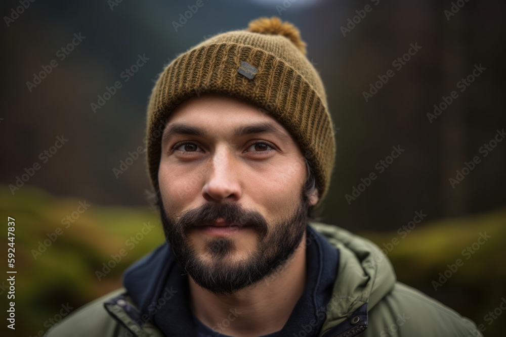 Obraz premium Portrait of a young man with a beard in the mountains.