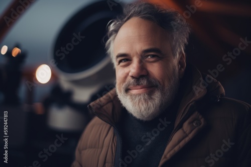 Portrait of a handsome mature man with gray beard and mustache wearing warm jacket.