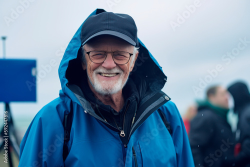 Portrait of senior man in winter jacket and cap smiling at camera outdoors.
