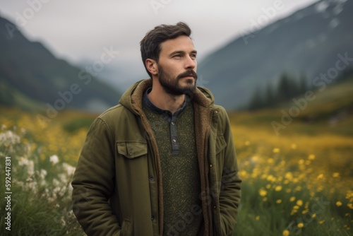 Handsome young man with beard and mustache in green jacket standing in a field of wildflowers