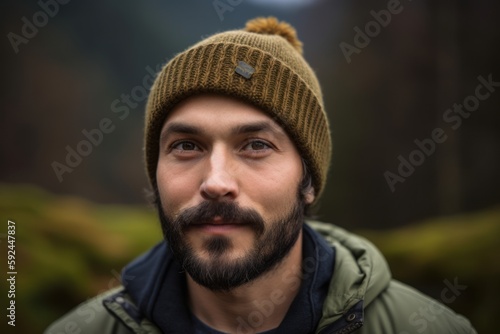 Portrait of a young man with a beard in the mountains.