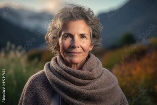 Lifestyle portrait photography of a pleased woman in her 50s wearing a cozy sweater against an alpine meadow or mountain wildflowers background. Generative AI