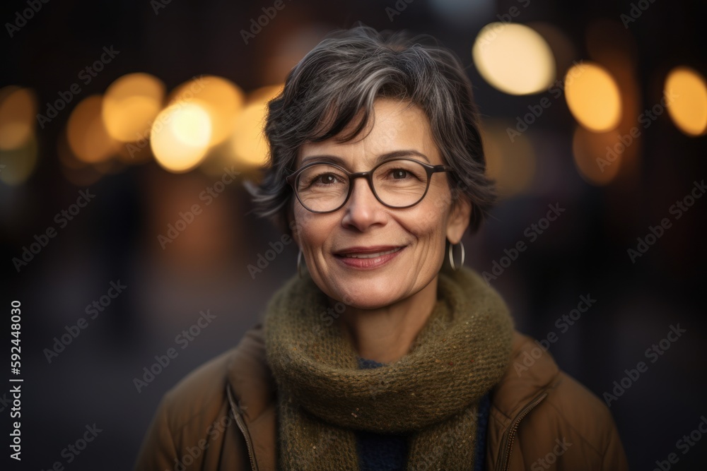 Portrait of beautiful middle-aged woman with glasses and scarf in the city at night Portrait of beautiful middle-aged woman with glasses and scarf in the city at night