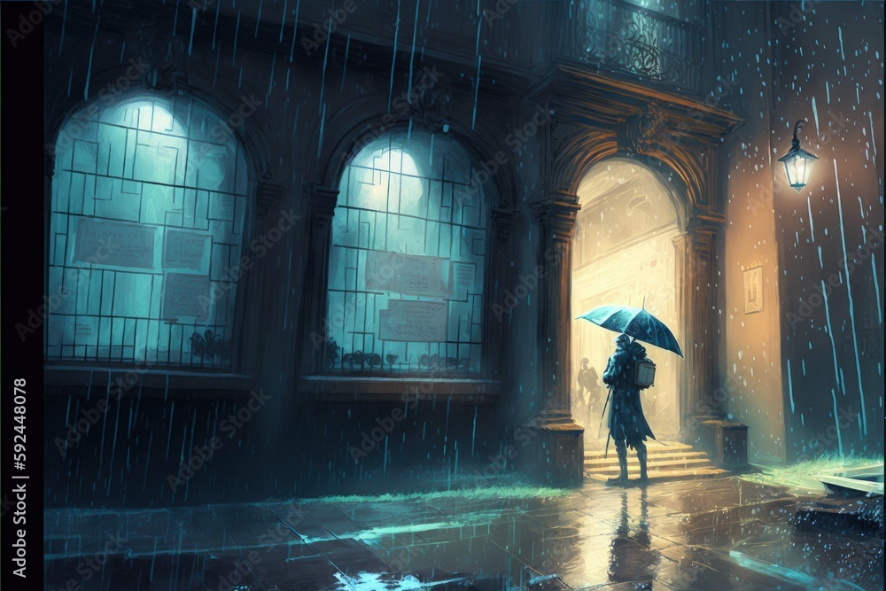 Man holding umbrella under building on rainy day Fantasy concept , Illustration painting. Generative AI