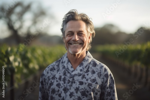 Portrait of smiling senior man standing in vineyard during sunset in autumn