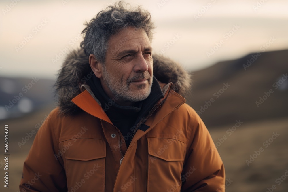 Handsome middle-aged man with grey hair and beard wearing a warm jacket in the countryside. Handsome middle-aged man with grey hair and beard wearing a warm jacket in the countryside.