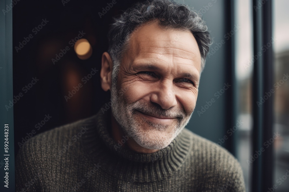 Fototapeta premium Portrait of handsome mature man in sweater looking at camera and smiling