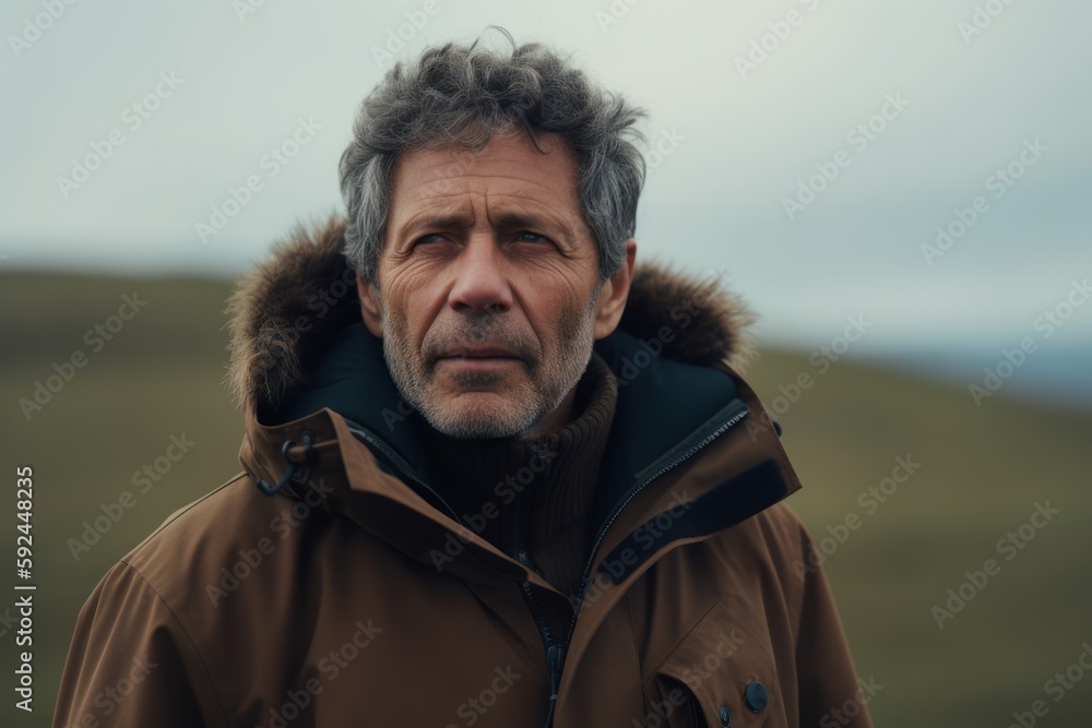 Portrait of a senior man with gray hair in a brown coat on a mountain top Portrait of a senior man with gray hair in a brown coat on a mountain top