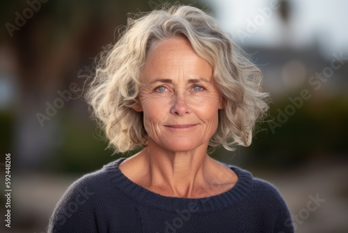 Portrait of beautiful senior woman with grey hair looking at camera outdoors