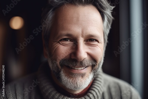 Close up portrait of smiling mature man with grey hair and beard looking at camera