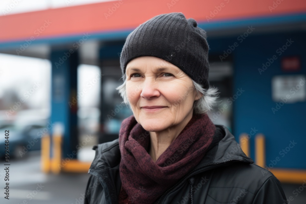 Portrait of senior woman in cap and scarf standing at train station Portrait of senior woman in cap and scarf standing at train station