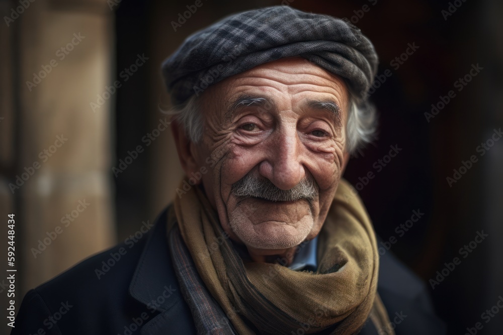 Portrait of an old man with a gray beard and a scarf on his head