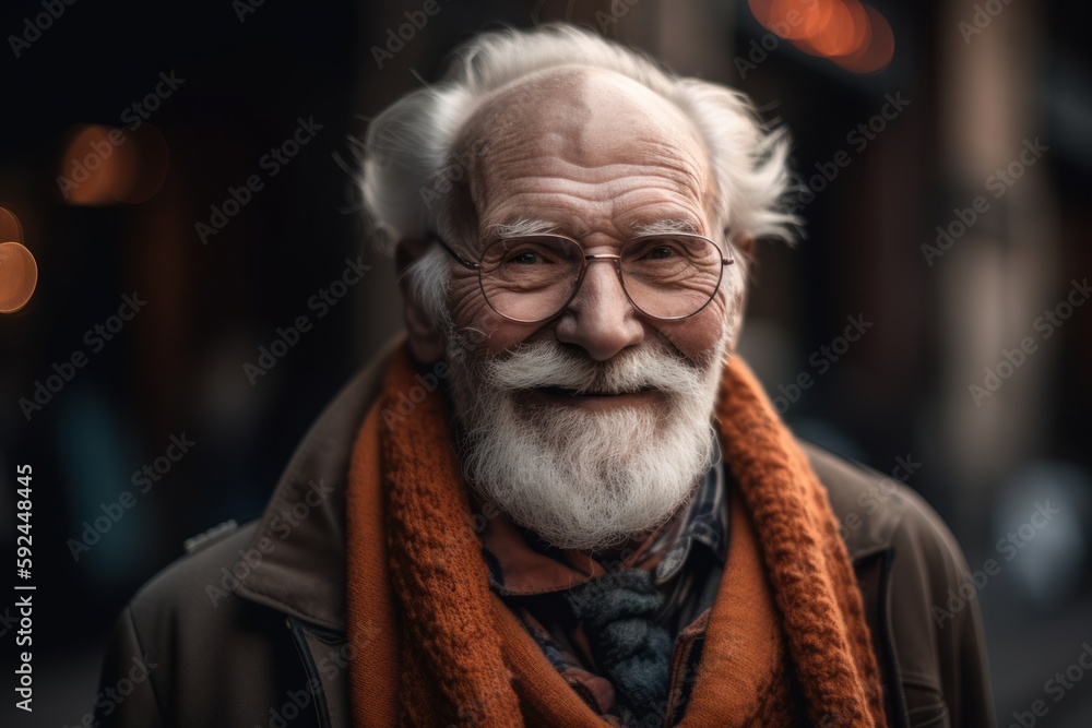 Portrait of a senior man with gray beard and mustache wearing stylish clothes in the city