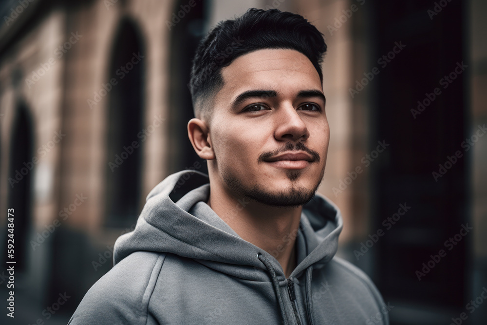 Portrait of a handsome young man in a grey hoodie.