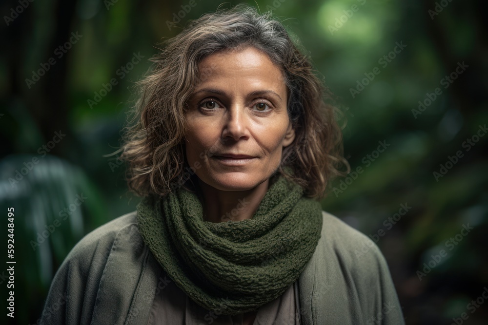 Portrait of a middle-aged woman with a green scarf in the forest Portrait of a middle-aged woman with a green scarf in the forest