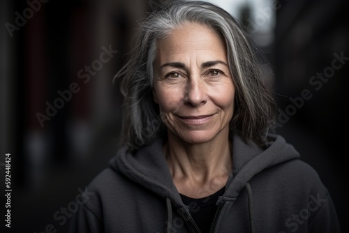 Portrait of a beautiful senior woman with grey hair in an urban environment